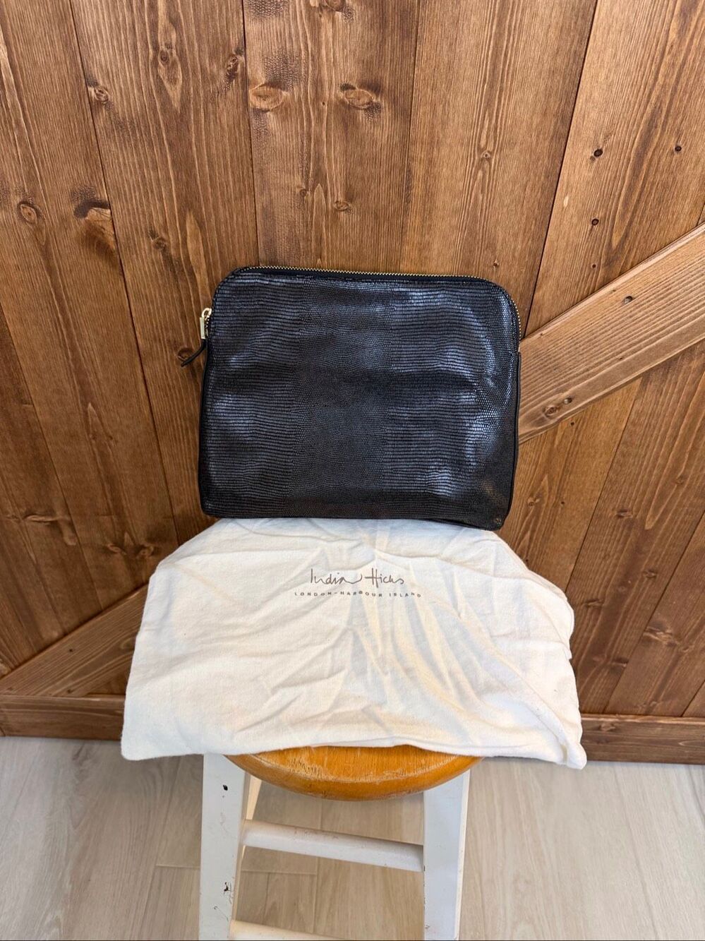 India Hicks Black Lizard Embossed Leather Zip Clutch Handbag Dust Bag (9250)